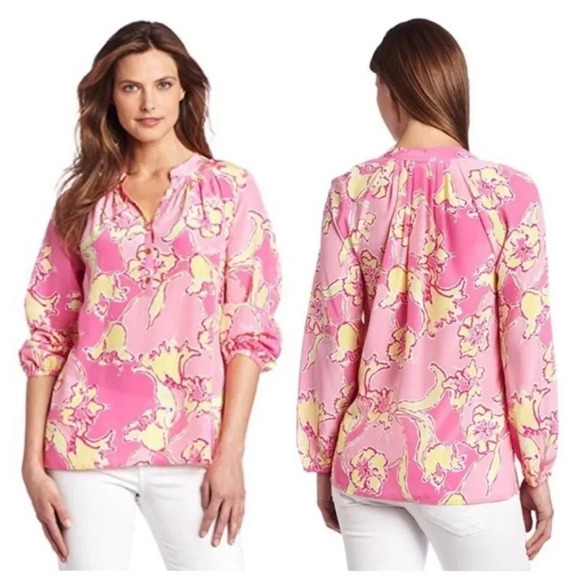 Lilly Pulitzer Elsa Blouse in Yellow Day Lilly Print - Picture 1 of 10